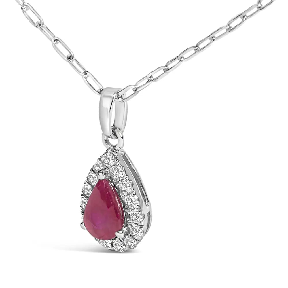 14k white gold pear ruby and diamond halo paperclip necklace 18 bijoux-nyc direct