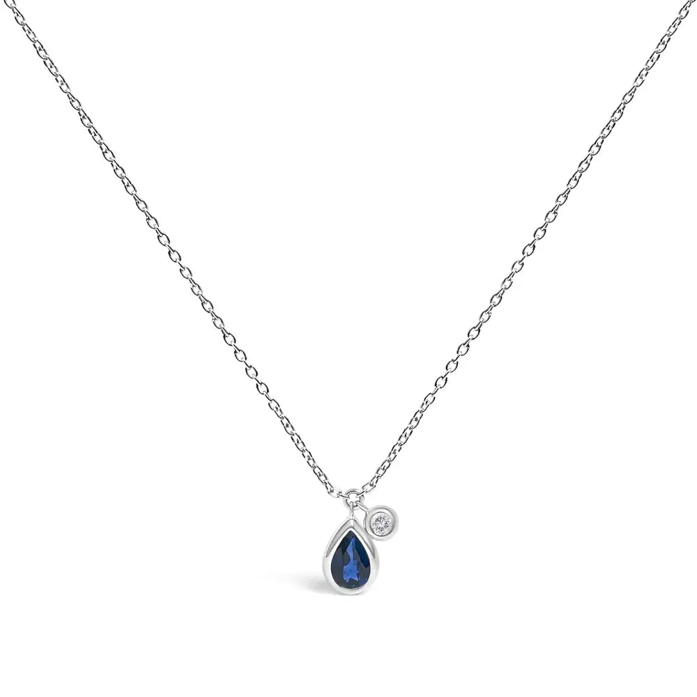 Pear blue sapphire and diamond bezel pendant in 14k white gold 18 bijoux-nyc direct