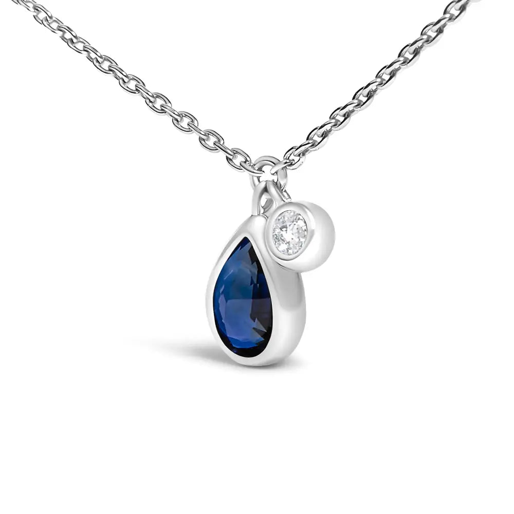 Pear blue sapphire and diamond bezel pendant in 14k white gold 18 bijoux-nyc direct