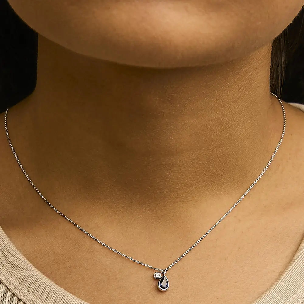 Pear blue sapphire and diamond bezel pendant in 14k white gold 18 bijoux-nyc direct