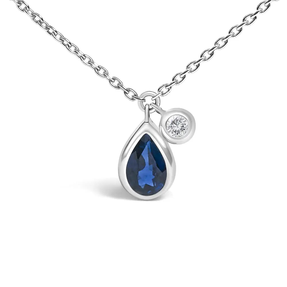 Pear blue sapphire and diamond bezel pendant in 14k white gold 18 bijoux-nyc direct