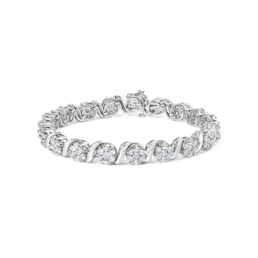 14k white gold 7 3/8 cttw round brilliant diamond floral cluster and s link bracelet (h i color si2 i1 clarity) 7’’ inches