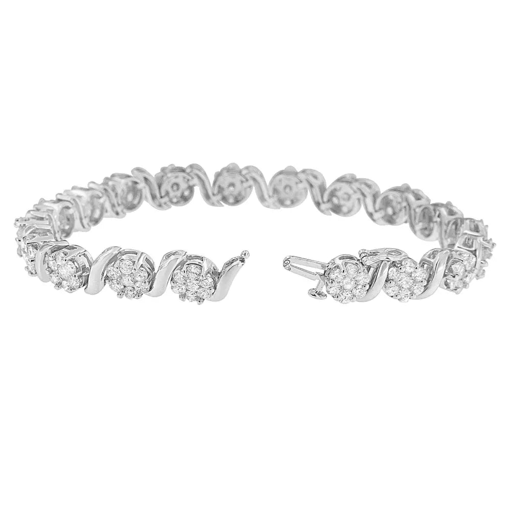 14k white gold 7 3/8 cttw round brilliant diamond floral cluster and s link bracelet (h i color si2 i1 clarity) 7’’ inches