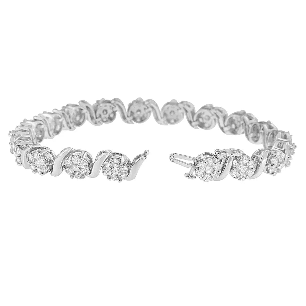 14k white gold 7.38 cttw diamond floral cluster and s link bracelet 7 bijoux-nyc direct