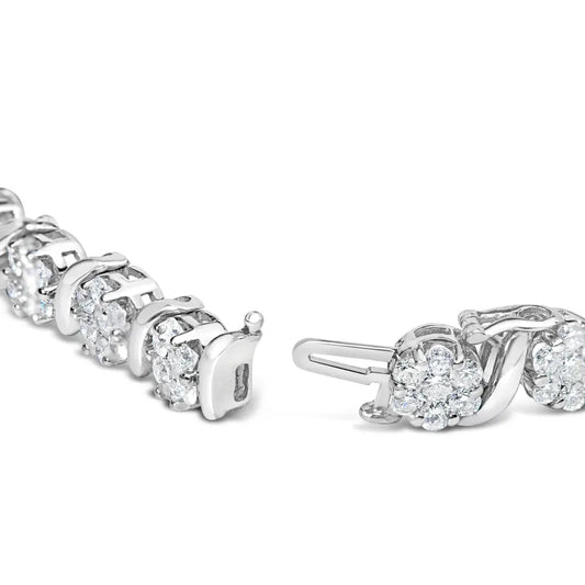 14k white gold 7 3/8 cttw round brilliant diamond floral cluster and s link bracelet (h i color si2 i1 clarity) 7’’ inches