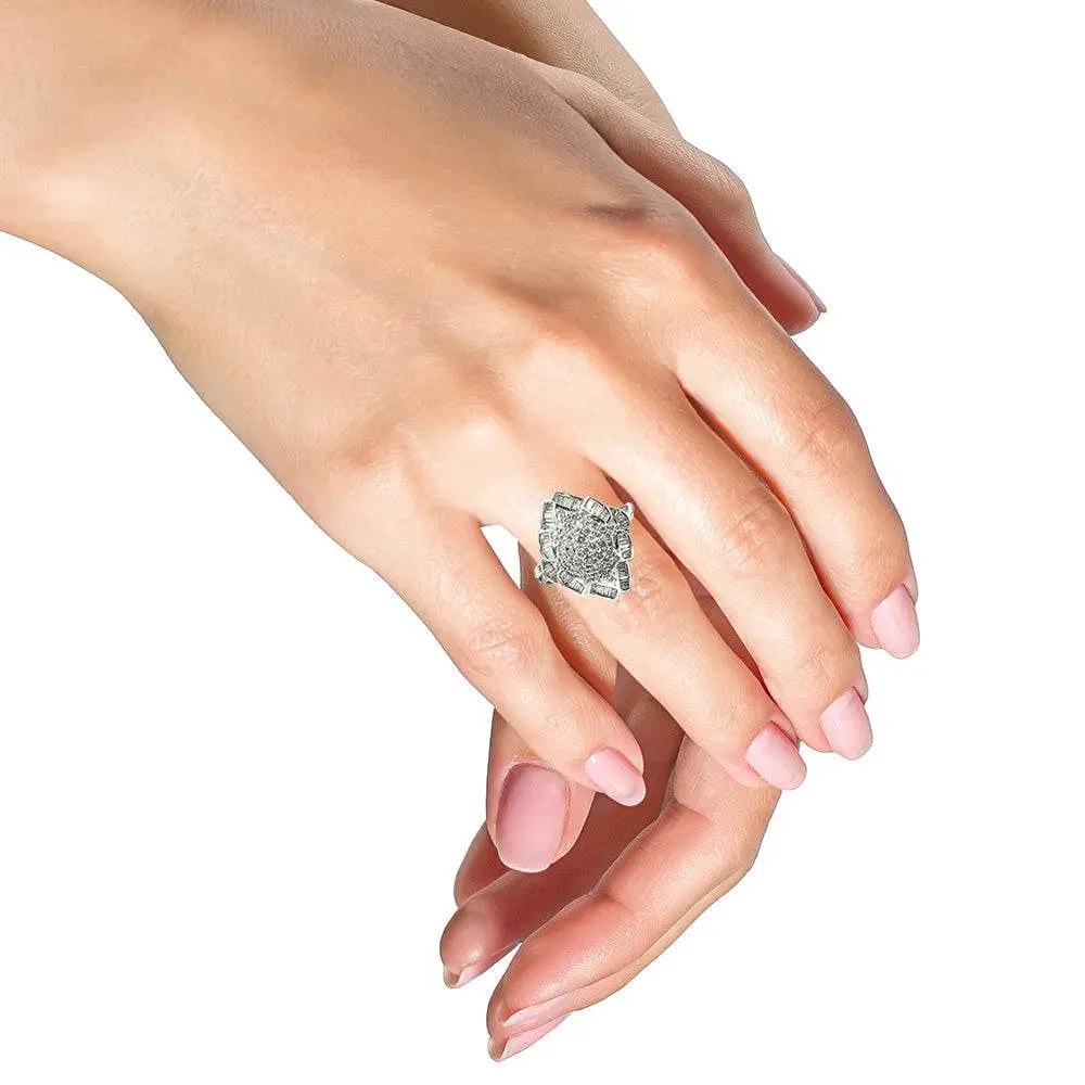 14K White Gold 7/8 Cttw Round and Baguette-Cut Diamond Cluster Ring (H-I Color, SI2-I1 Clarity) - Bijoux-NYC Direct
