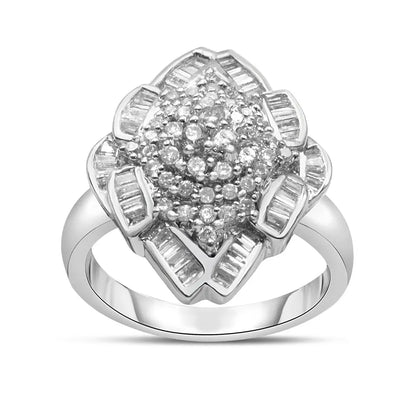 14K White Gold 7/8 Cttw Round and Baguette-Cut Diamond Cluster Ring (H-I Color, SI2-I1 Clarity) - Bijoux-NYC Direct