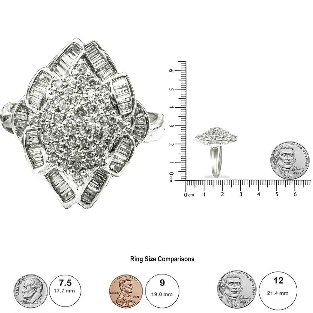 14K White Gold 7/8 Cttw Round and Baguette-Cut Diamond Cluster Ring (H-I Color, SI2-I1 Clarity) - Bijoux-NYC Direct