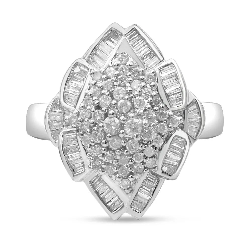 14K White Gold 7/8 Cttw Round and Baguette-Cut Diamond Cluster Ring (H-I Color, SI2-I1 Clarity) - Bijoux-NYC Direct