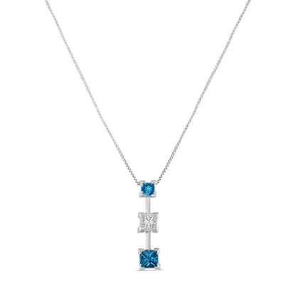 14K White Gold 7/8 cttw Treated Blue and White Princess Cut Diamond Pendant Necklace (H-I, SI2-I1) - Bijoux-NYC Direct
