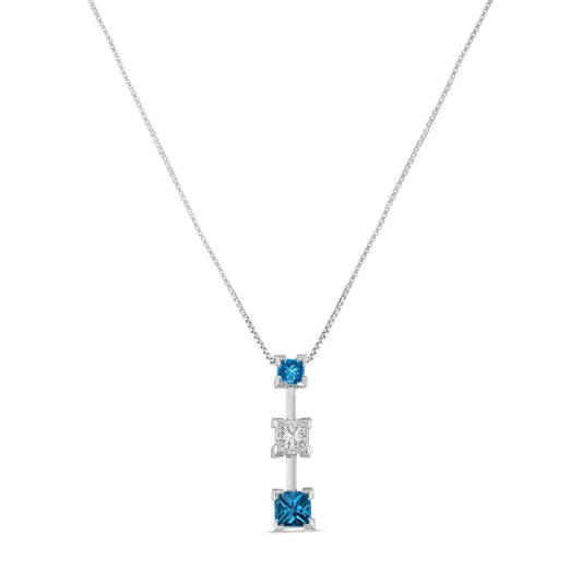 14K White Gold 7/8 cttw Treated Blue and White Princess Cut Diamond Pendant Necklace (H-I, SI2-I1) - Bijoux-NYC Direct
