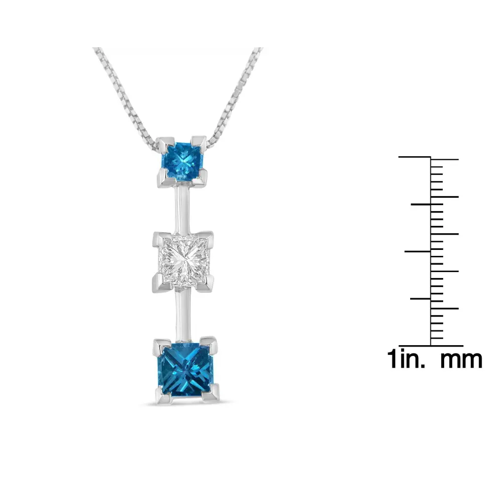 14K White Gold 7/8 cttw Treated Blue and White Princess Cut Diamond Pendant Necklace (H-I, SI2-I1) - Bijoux-NYC Direct