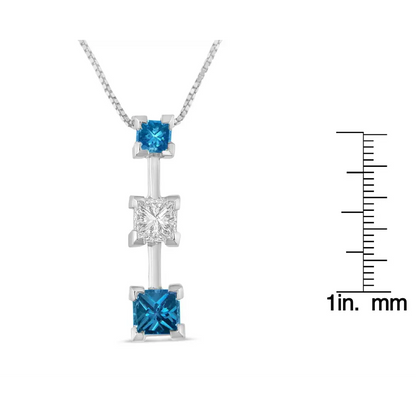 14K White Gold 7/8 cttw Treated Blue and White Princess Cut Diamond Pendant Necklace (H-I, SI2-I1) - Bijoux-NYC Direct