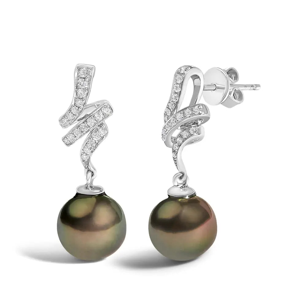 9mm black south sea pearl and diamond dangle earrings in 14k white gold bijoux-nyc direct