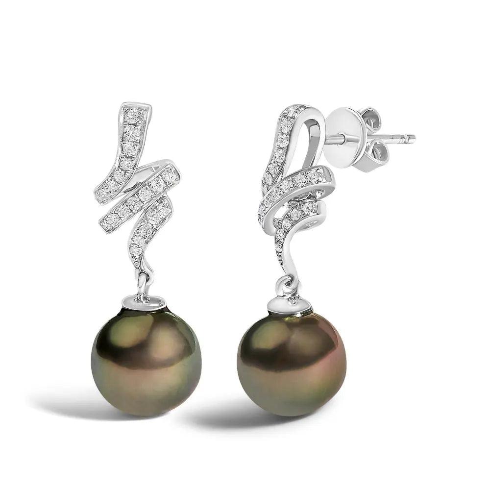 14K White Gold 9MM Cultured Black Pearl and Diamond Accent Drop and Dangle Earrings (I-J Color, SI1-SI2 Clarity) - Bijoux-NYC Direct