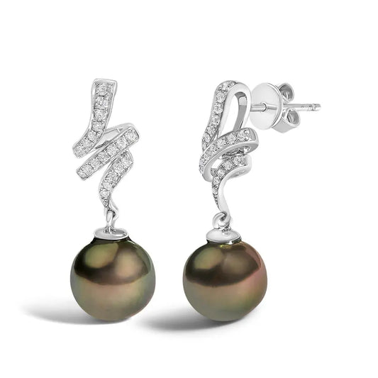 14K White Gold 9MM Cultured Black Pearl and Diamond Accent Drop and Dangle Earrings (I-J Color, SI1-SI2 Clarity) - Bijoux-NYC Direct