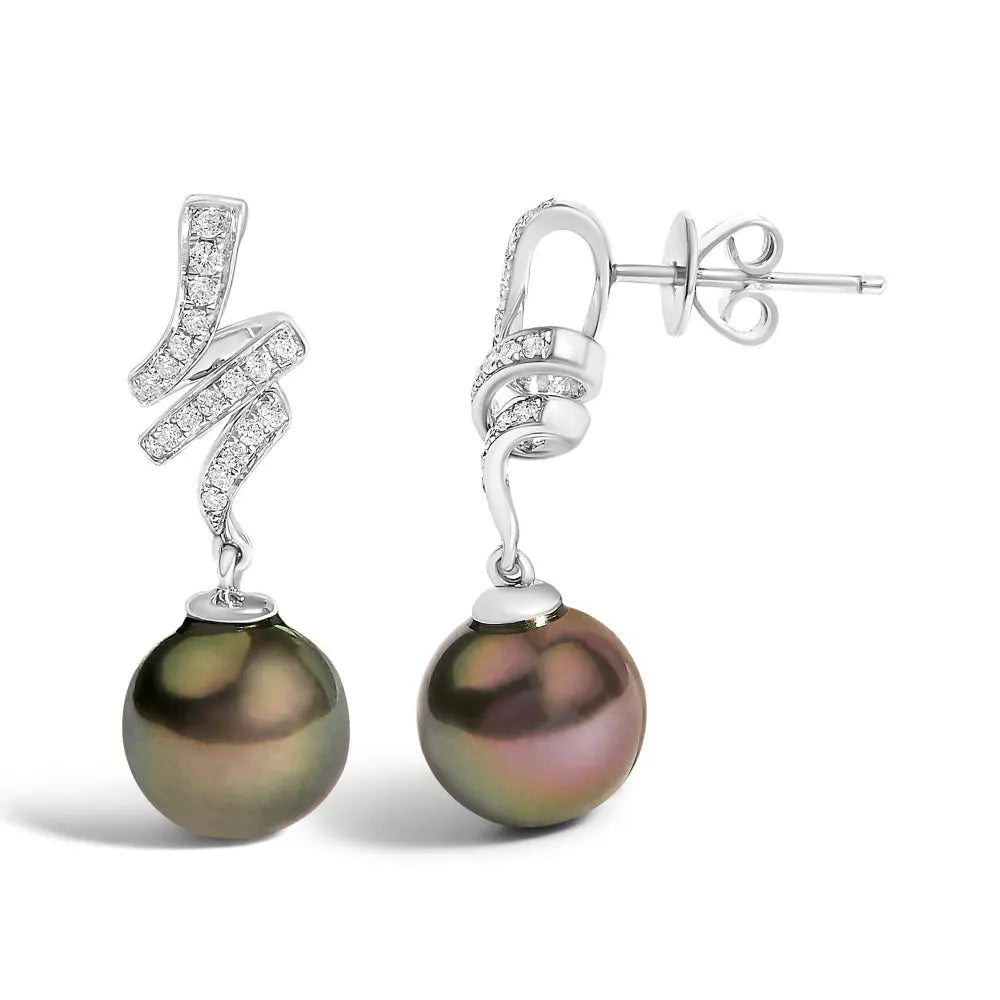 14K White Gold 9MM Cultured Black Pearl and Diamond Accent Drop and Dangle Earrings (I-J Color, SI1-SI2 Clarity) - Bijoux-NYC Direct
