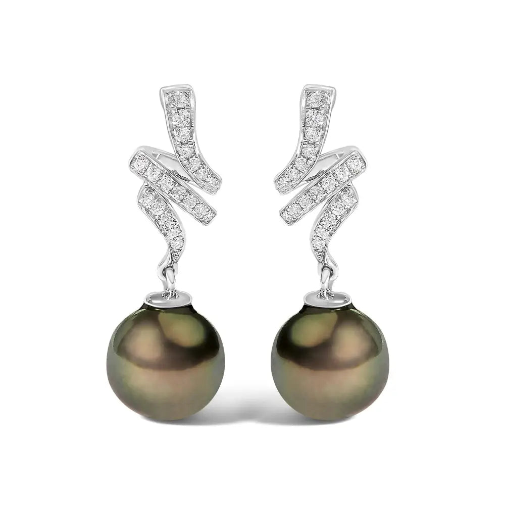 9mm black south sea pearl and diamond dangle earrings in 14k white gold bijoux-nyc direct