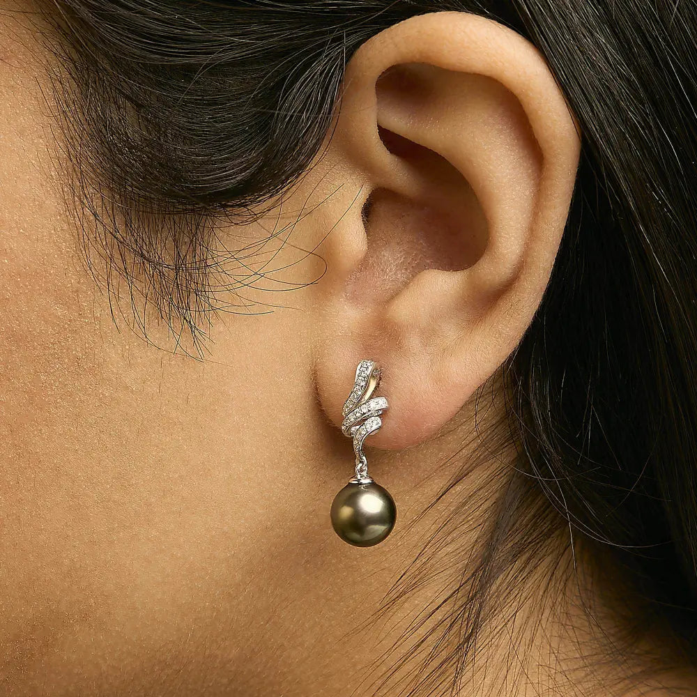 14K White Gold 9MM Cultured Black Pearl and Diamond Accent Drop and Dangle Earrings (I-J Color, SI1-SI2 Clarity) - Bijoux-NYC Direct
