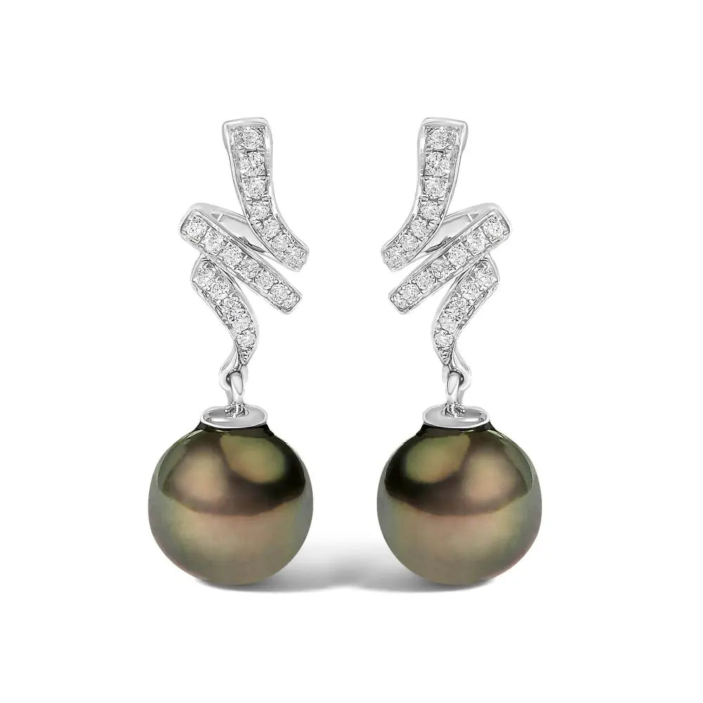 14K White Gold 9MM Cultured Black Pearl and Diamond Accent Drop and Dangle Earrings (I-J Color, SI1-SI2 Clarity) - Bijoux-NYC Direct