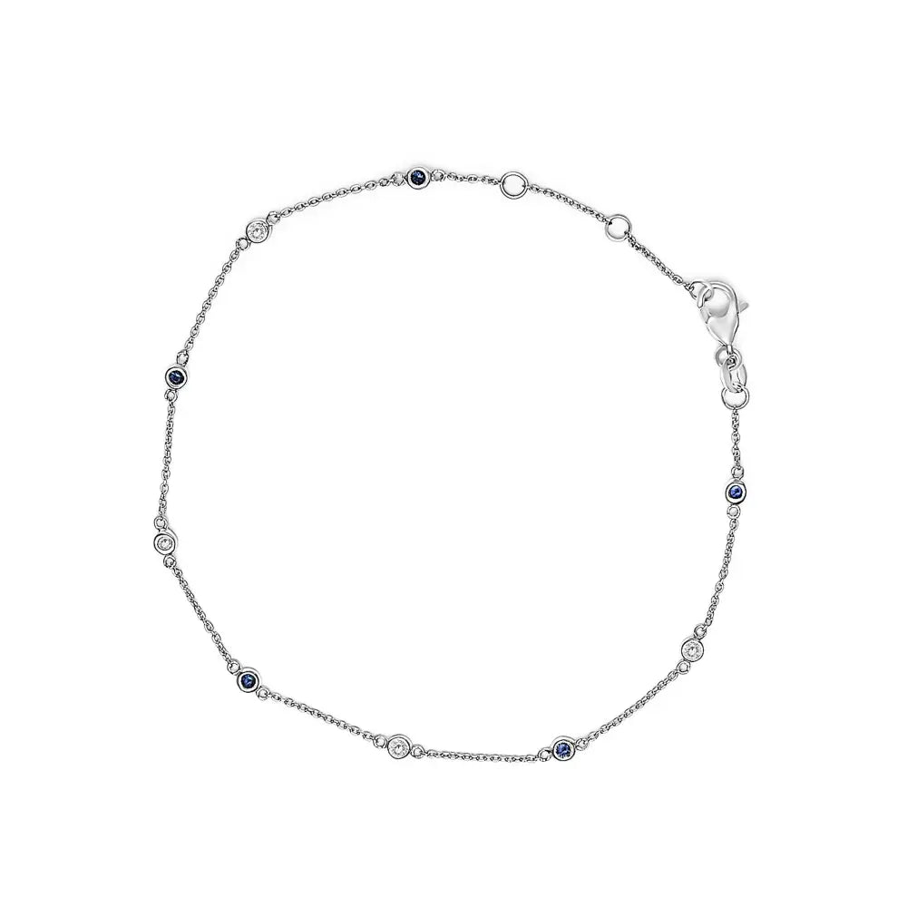 14k white gold alternating blue sapphire and diamond bezel station chain bracelet (i j color si2 i1 clarity) 8’’ inches