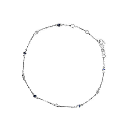 14k white gold alternating blue sapphire and diamond bezel station chain bracelet (i j color si2 i1 clarity) 8’’ inches