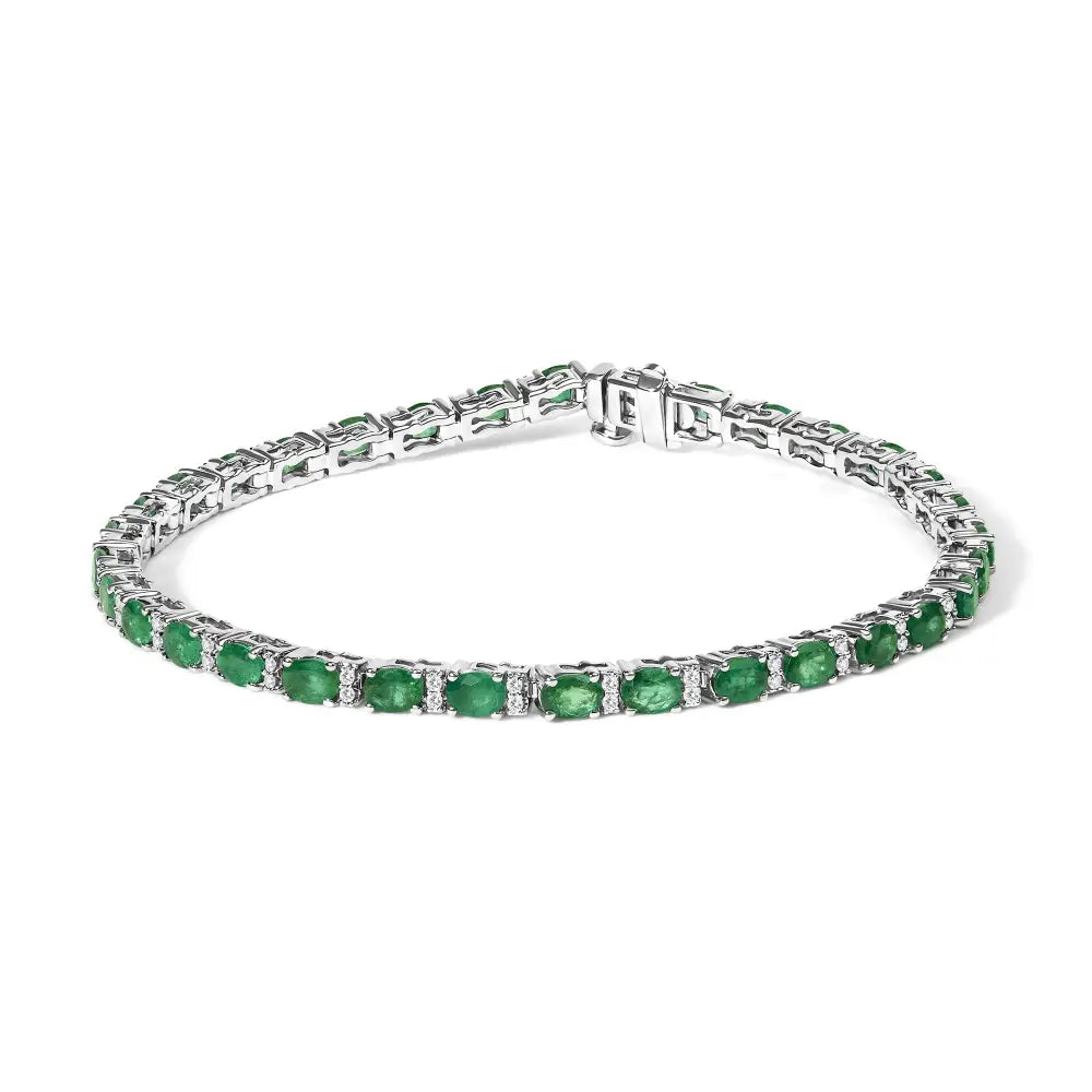 14k white gold oval emerald and round diamond tennis bracelet bijoux-nyc direct