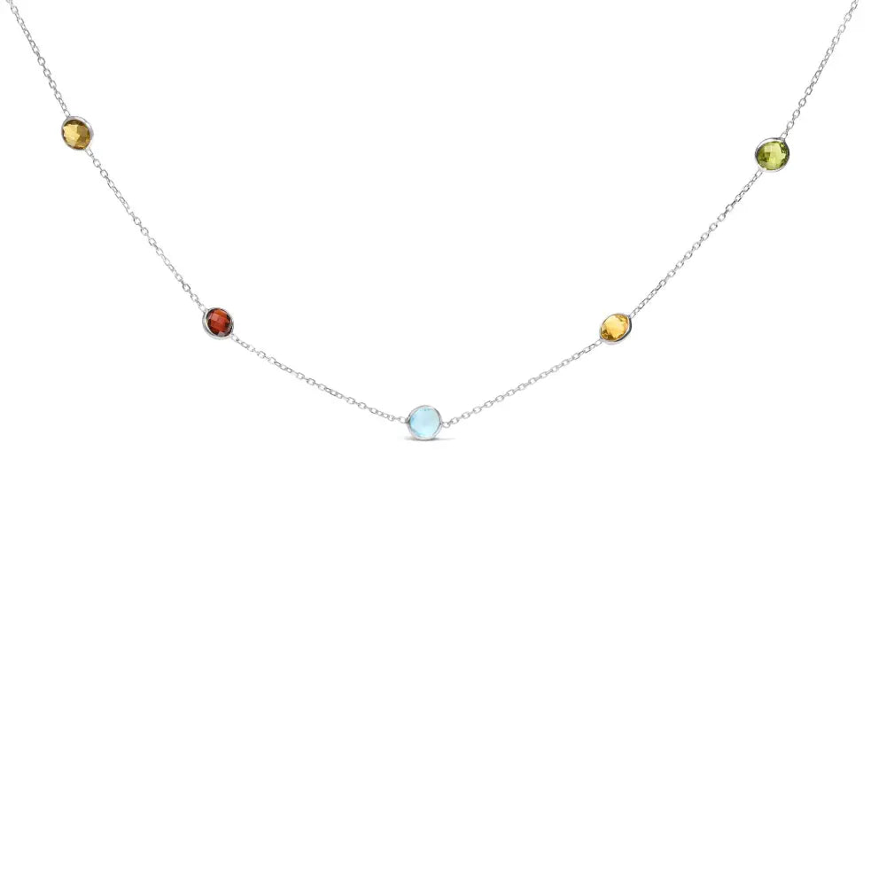 14k white gold bezel set mixed gemstone 7 station adjustable 18’’ 24’’ necklace necklaces/non pendant/station handcrafted
