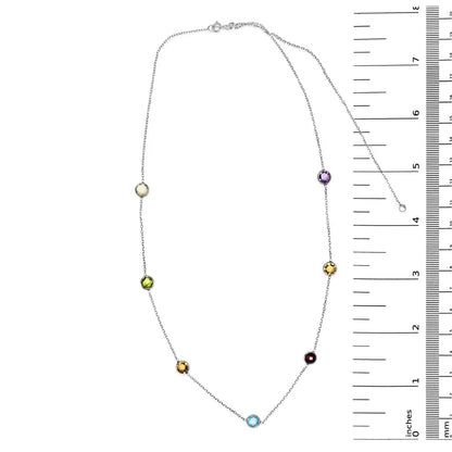 14k white gold bezel set mixed gemstone 7 station adjustable 18’’ 24’’ necklace necklaces/non pendant/station handcrafted