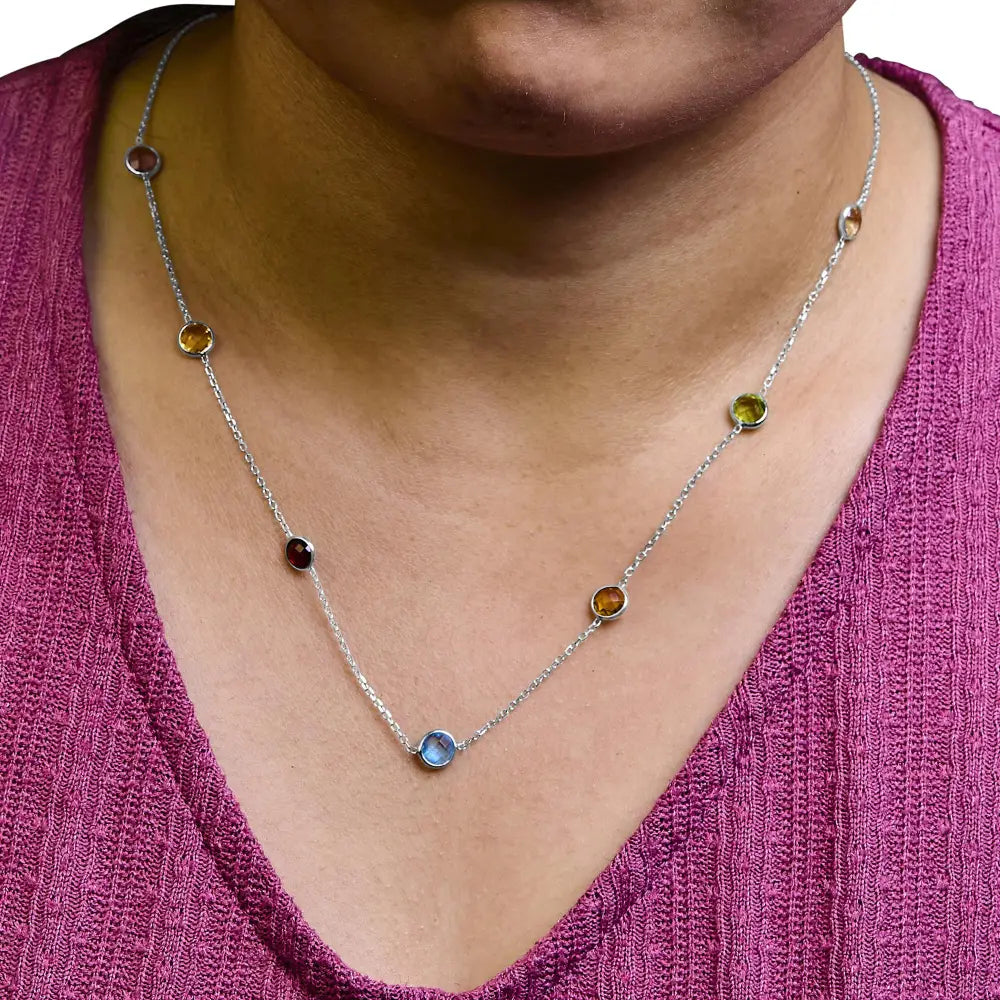 14k white gold bezel set mixed gemstone 7 station adjustable necklace bijoux-nyc direct