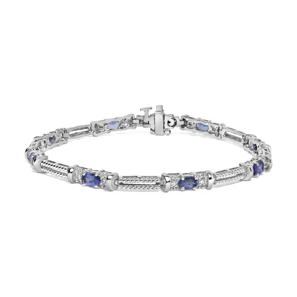 14k white gold blue purple tanzanite and diamond accent cord style link bracelet (h i color si1 si2 clarity) 7’’ inches