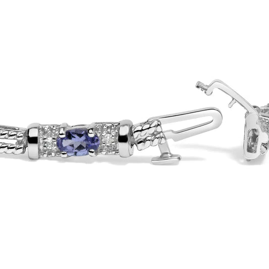 14k white gold blue purple tanzanite and diamond accent cord style link bracelet (h i color si1 si2 clarity) 7’’ inches