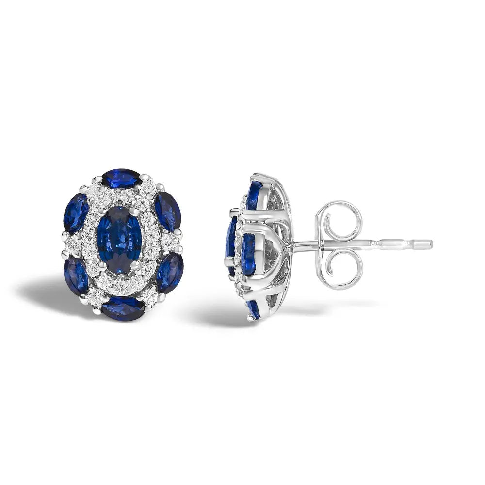 14K White Gold Blue Sapphire and Diamond Vintage Style Stud Earrings (G-H Color, SI2-I1 Clarity) - Bijoux-NYC Direct
