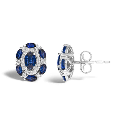 14K White Gold Blue Sapphire and Diamond Vintage Style Stud Earrings (G-H Color, SI2-I1 Clarity) - Bijoux-NYC Direct