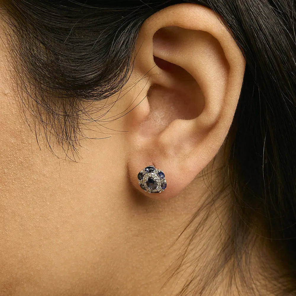 14K White Gold Blue Sapphire and Diamond Vintage Style Stud Earrings (G-H Color, SI2-I1 Clarity) - Bijoux-NYC Direct