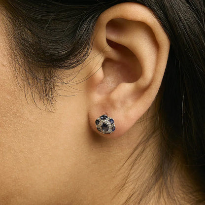 14K White Gold Blue Sapphire and Diamond Vintage Style Stud Earrings (G-H Color, SI2-I1 Clarity) - Bijoux-NYC Direct