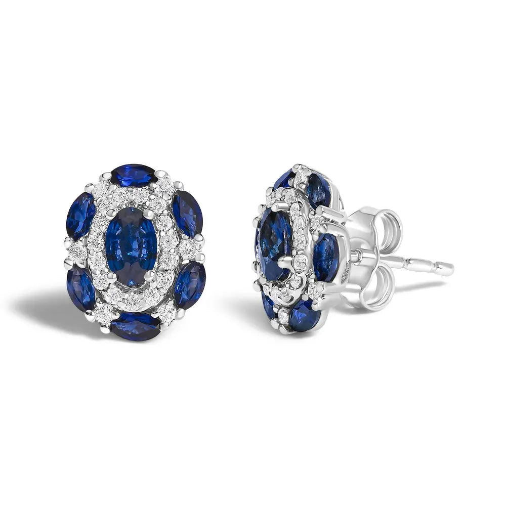 14K White Gold Blue Sapphire and Diamond Vintage Style Stud Earrings (G-H Color, SI2-I1 Clarity) - Bijoux-NYC Direct