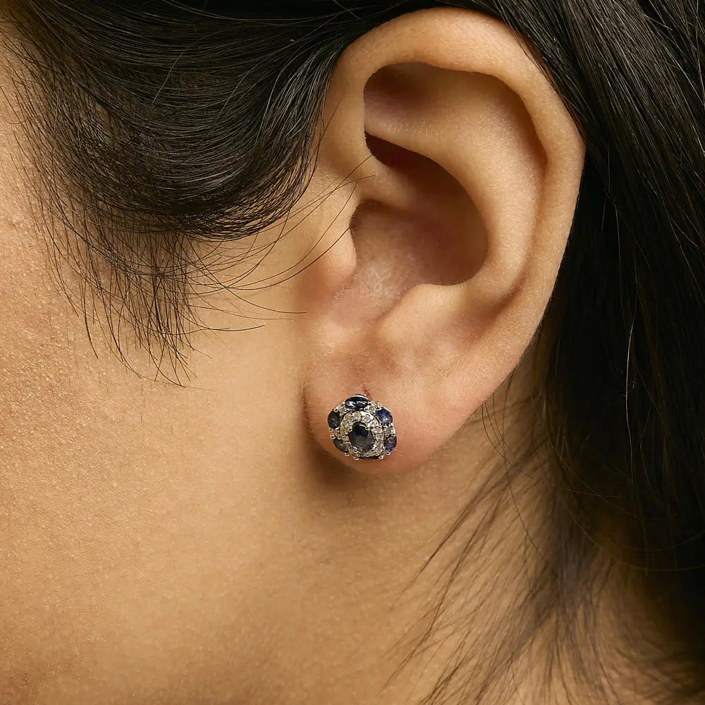 14k white gold blue sapphire and diamond vintage halo stud earrings bijoux-nyc direct