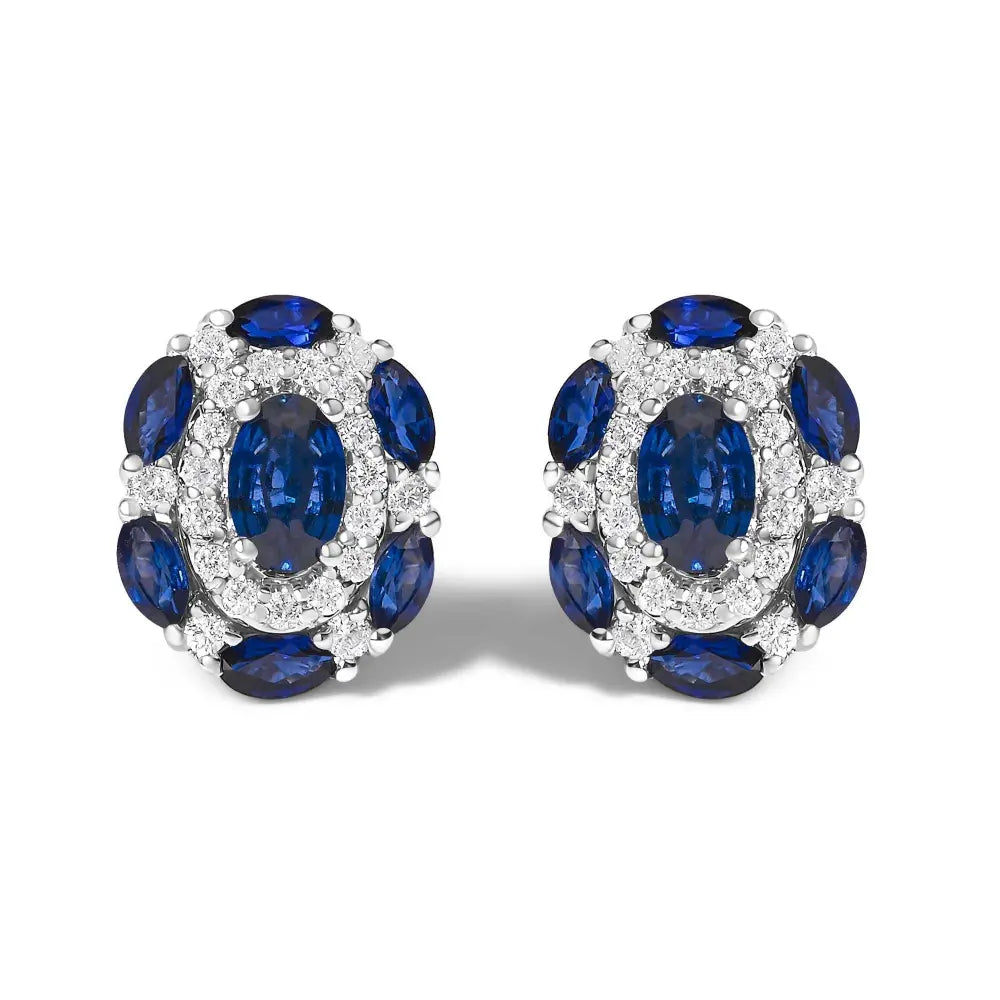 14K White Gold Blue Sapphire and Diamond Vintage Style Stud Earrings (G-H Color, SI2-I1 Clarity) - Bijoux-NYC Direct
