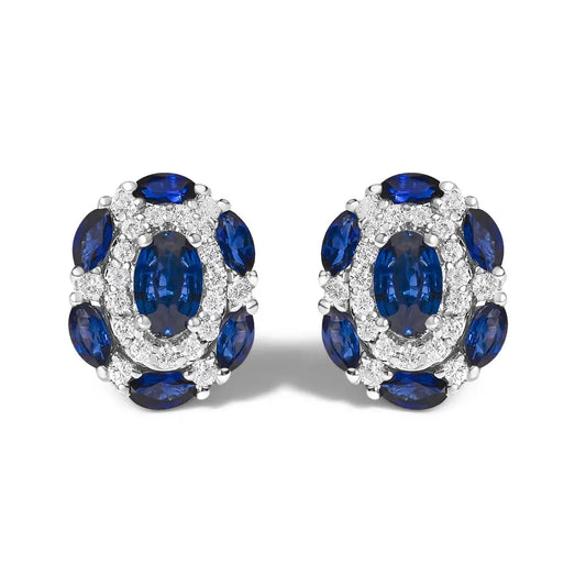 14K White Gold Blue Sapphire and Diamond Vintage Style Stud Earrings (G-H Color, SI2-I1 Clarity) - Bijoux-NYC Direct