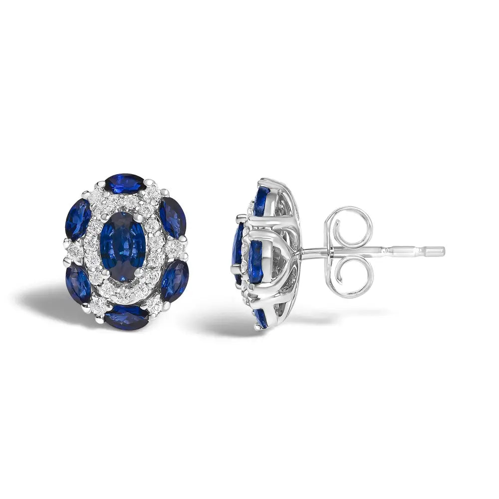 14k white gold blue sapphire and diamond vintage halo stud earrings bijoux-nyc direct