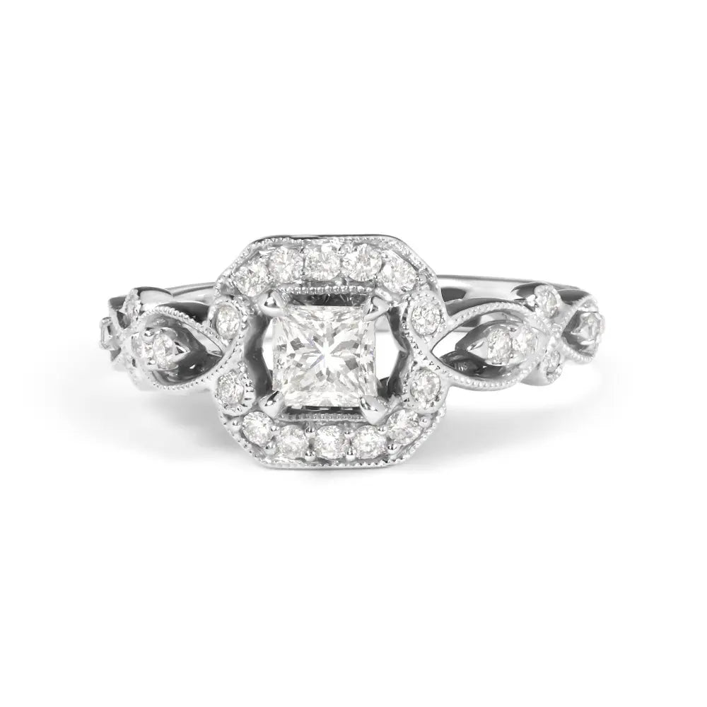 14K White Gold Diamond 3/4 Cttw Diamond Halo Style and Woven Shank Engagement Ring (G-H Color, VS2-SI1 Clarity) - Size 7 - Bijoux-NYC Direct