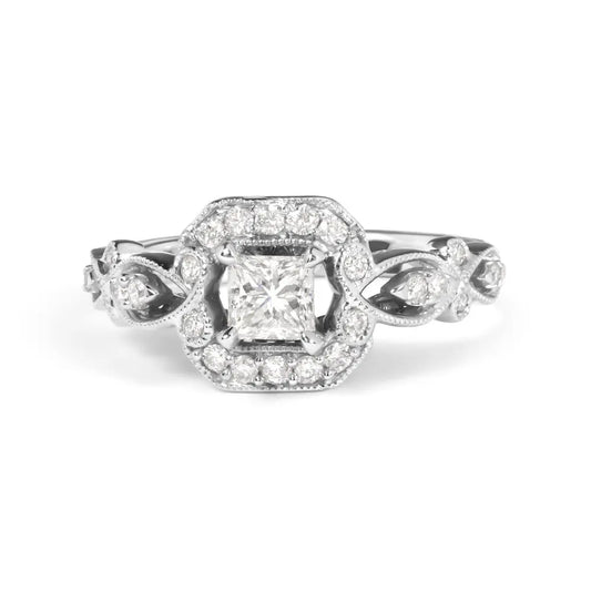 14K White Gold Diamond 3/4 Cttw Diamond Halo Style and Woven Shank Engagement Ring (G-H Color, VS2-SI1 Clarity) - Size 7 - Bijoux-NYC Direct
