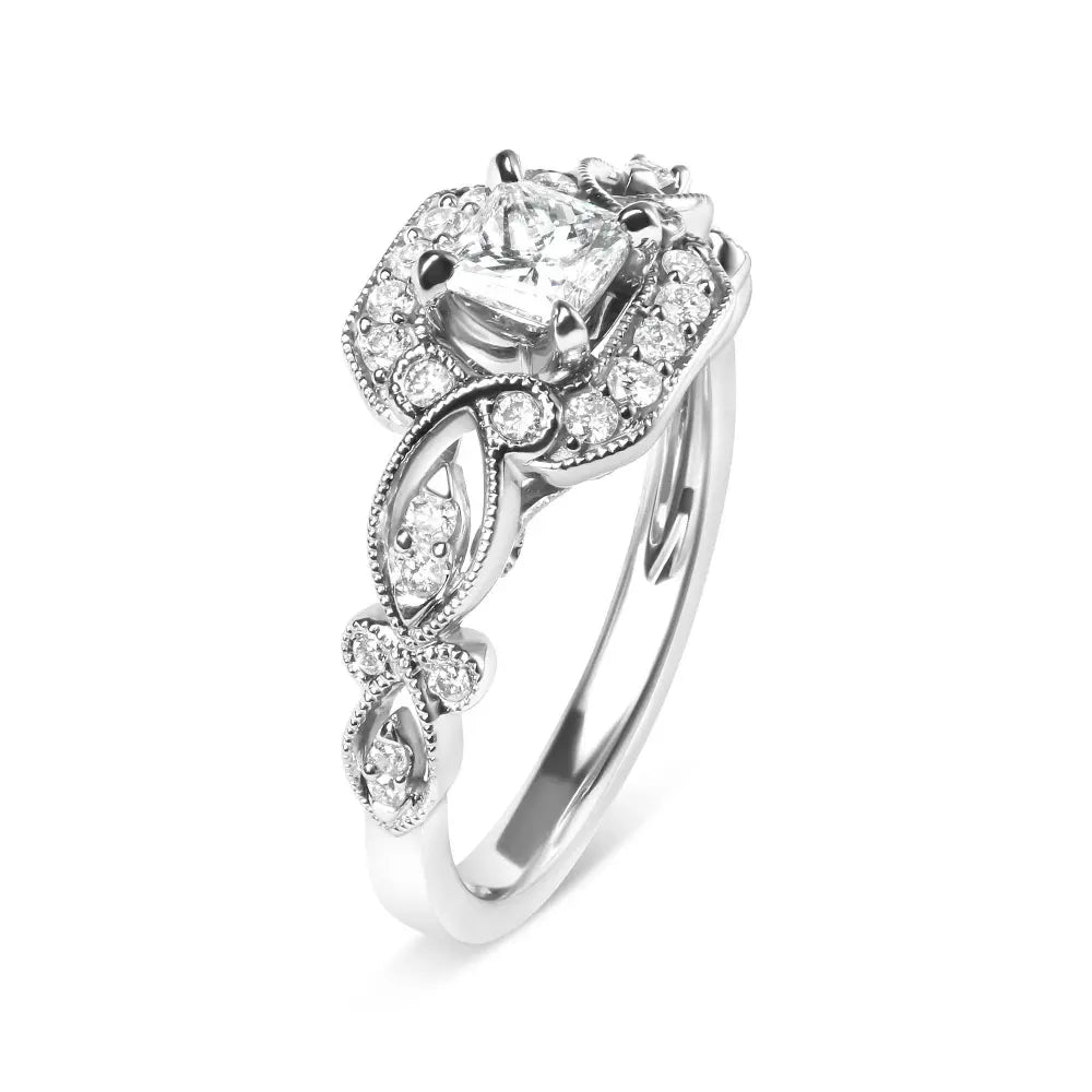 14K White Gold Diamond 3/4 Cttw Diamond Halo Style and Woven Shank Engagement Ring (G-H Color, VS2-SI1 Clarity) - Size 7 - Bijoux-NYC Direct