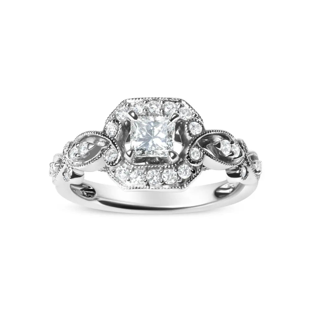 14K White Gold Diamond 3/4 Cttw Diamond Halo Style and Woven Shank Engagement Ring (G-H Color, VS2-SI1 Clarity) - Size 7 - Bijoux-NYC Direct