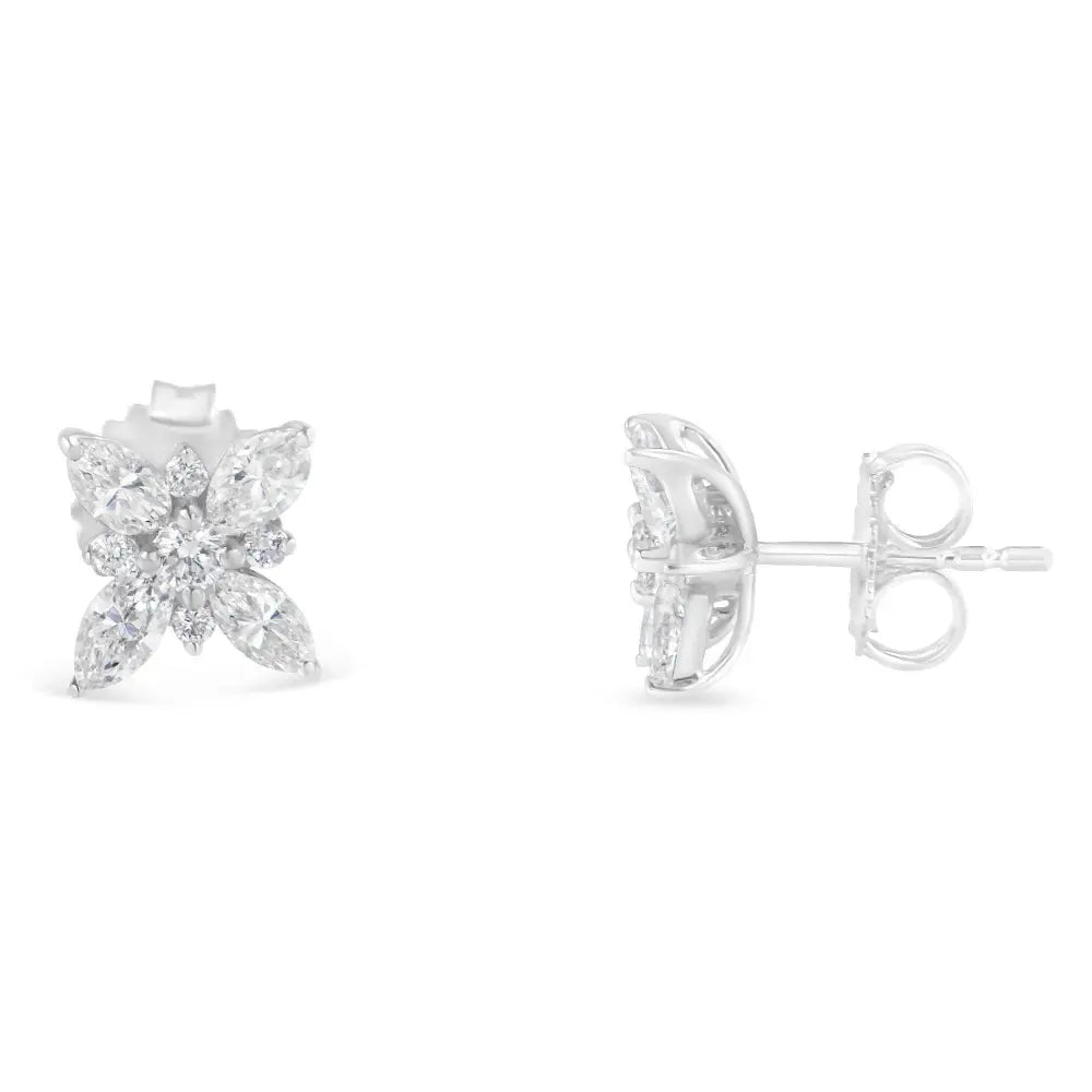 14K White Gold Marquise Diamond Flower Stud Earring (1.00 cttw, H-I Color, SI1-SI2 Clarity) - Bijoux-NYC Direct