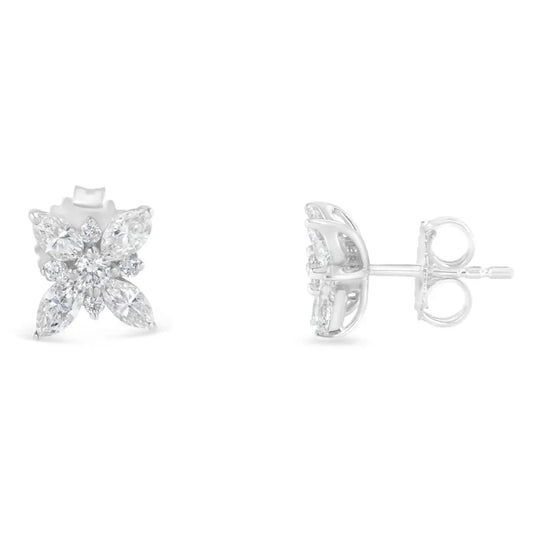 14K White Gold Marquise Diamond Flower Stud Earring (1.00 cttw, H-I Color, SI1-SI2 Clarity) - Bijoux-NYC Direct