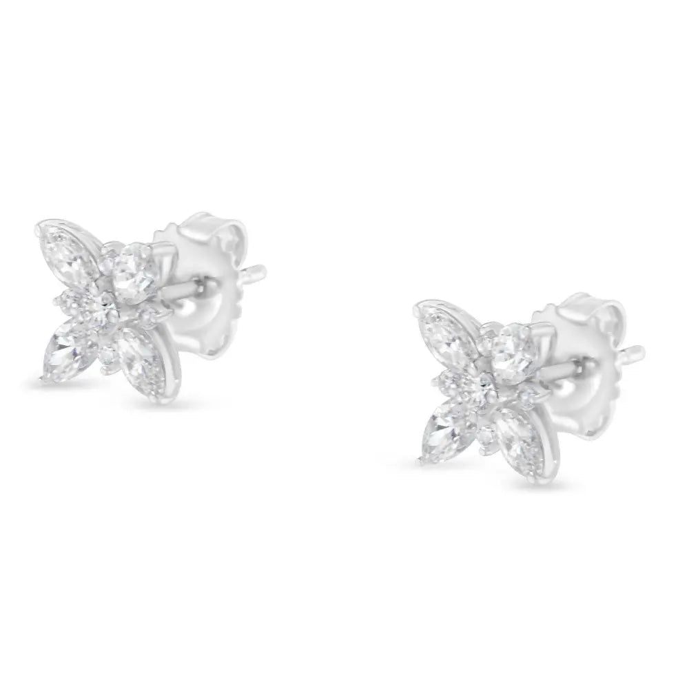 14K White Gold Marquise Diamond Flower Stud Earring (1.00 cttw, H-I Color, SI1-SI2 Clarity) - Bijoux-NYC Direct