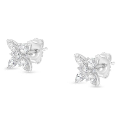 14K White Gold Marquise Diamond Flower Stud Earring (1.00 cttw, H-I Color, SI1-SI2 Clarity) - Bijoux-NYC Direct