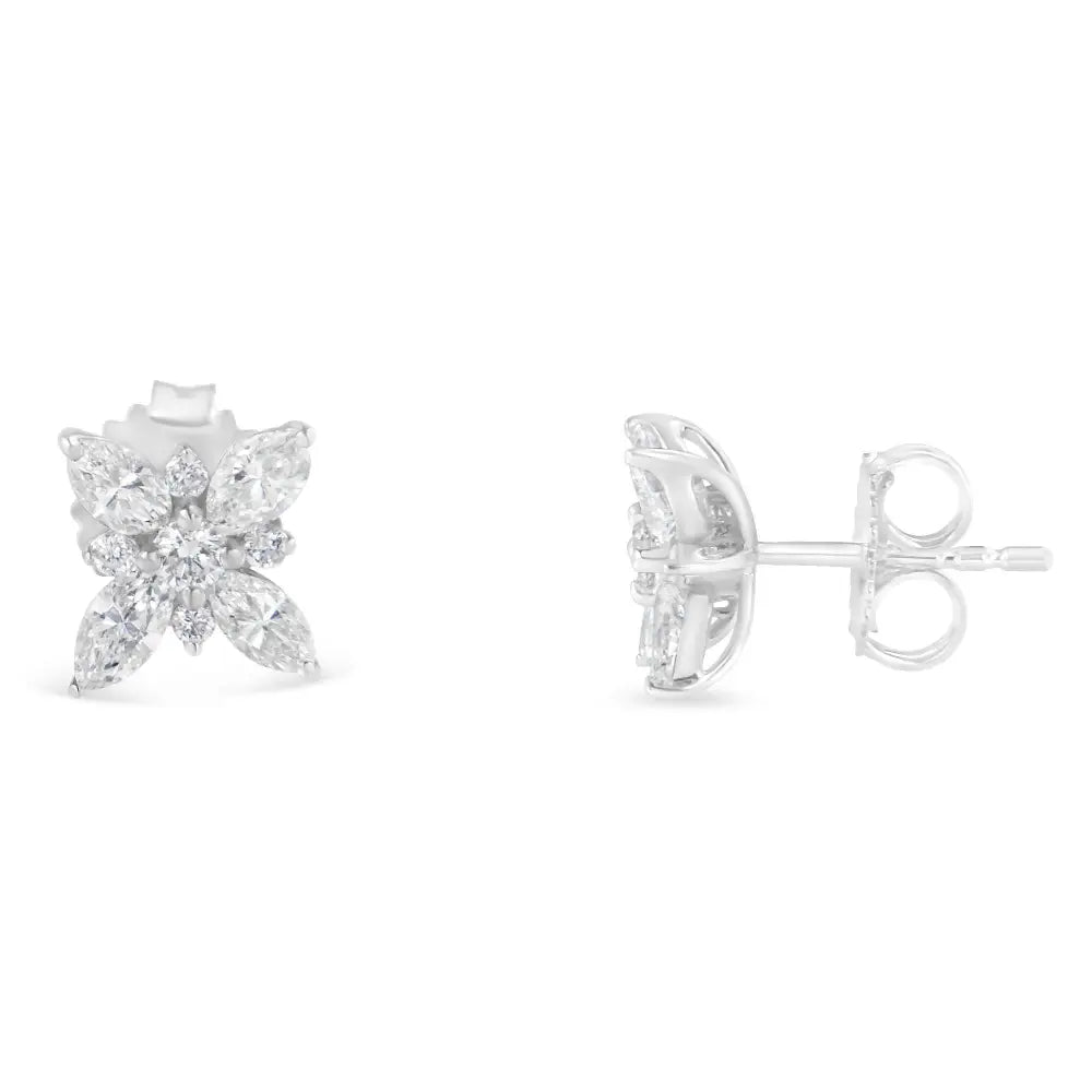 14k white gold marquise diamond flower stud earrings 1.00 cttw bijoux-nyc direct